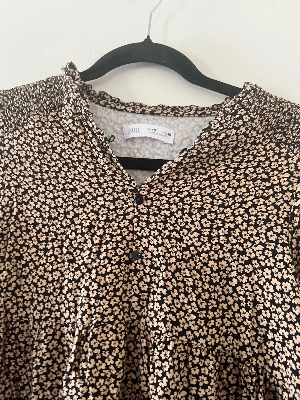 Zara Tan Black Floral Print Peasant Mini Dress Girls 10 Cottagecore Tiered